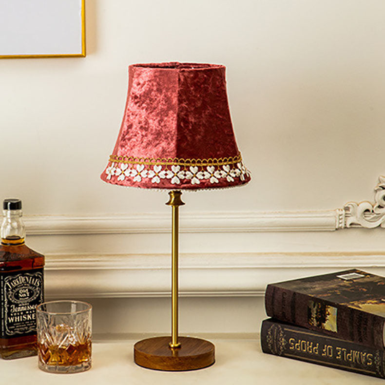 Floroux European Table Lamp | Velvet Drum Design | Copper Wood Base | Lighting for Living Room