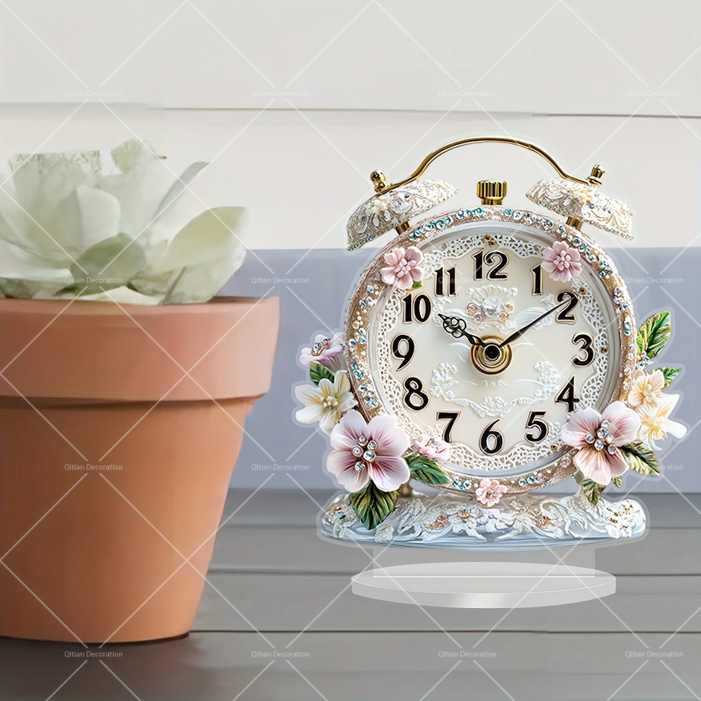 GlamTime Horloge - Luxe Acrylique Fleurs Réveil avec Pierres Précieuses