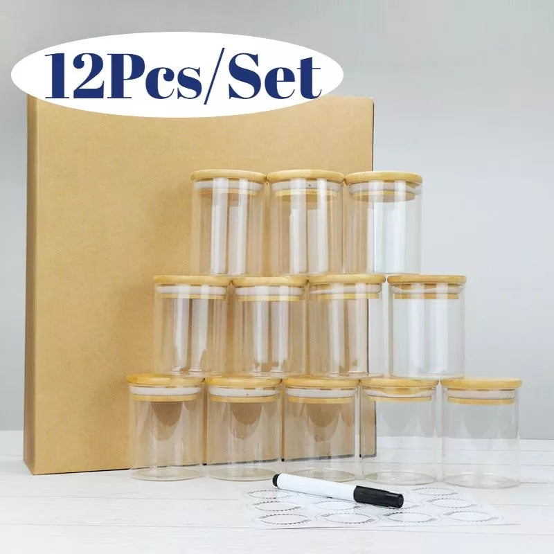 Set de bocaux en verre de 12 pièces avec couvercle en bambou