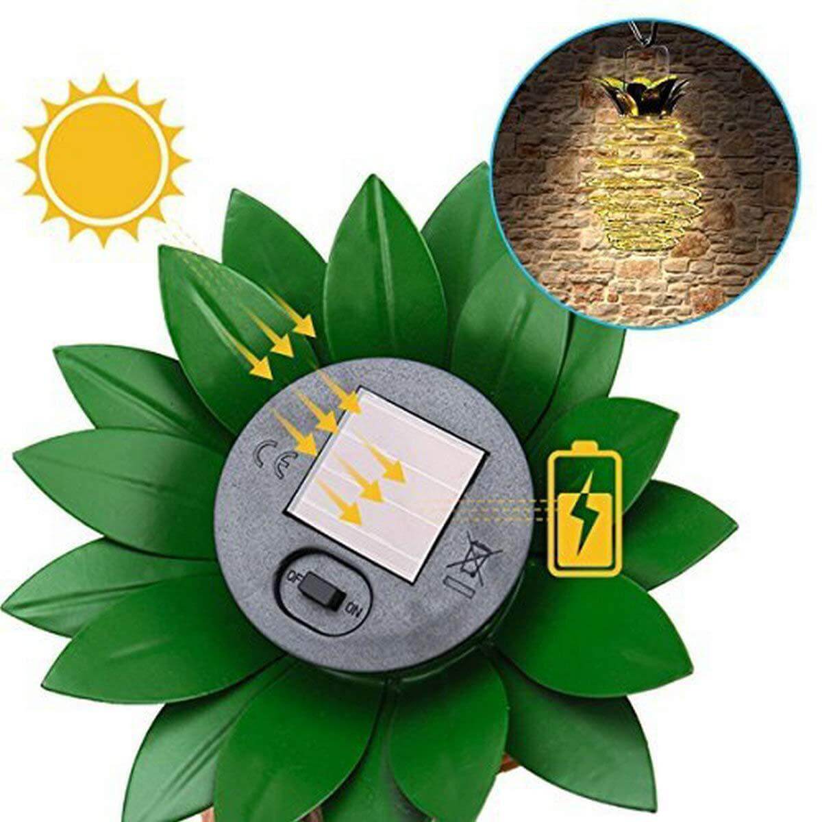 Floroux Lampe à Ananas | Lampe de jardin solaire LED | Fil de cuivre | Étanche pour extérieur | Lumières décoratives suspendues