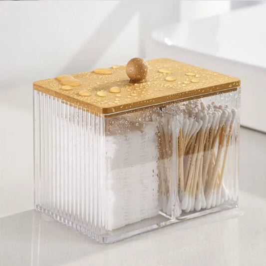 Boîte de rangement pour cotons-tiges en acrylique avec couvercle en bambou