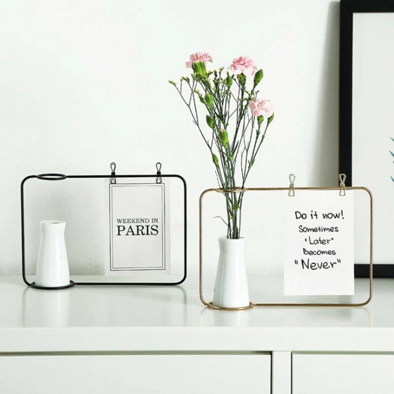 Floroux - Metal photo frame with ceramic vase and clips | Decorative photo display | Modern interior decoration