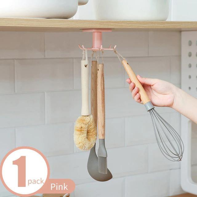 Floroux Rotating Kitchen Utensil Holder | 6 Hook Organizer | Space Saving Under Cabinet Storage