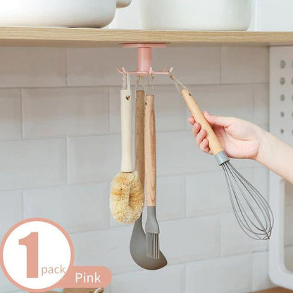 Floroux Rotating Kitchen Utensil Holder | 6 Hook Organizer | Space Saving Under Cabinet Storage