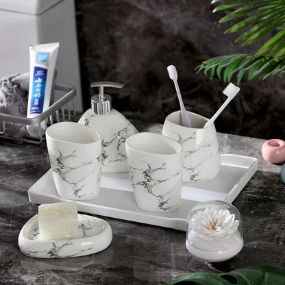 Floroux Set de salle de bain 7 pièces | Design en marbre élégant | Accessoires de bain luxueux et pratiques