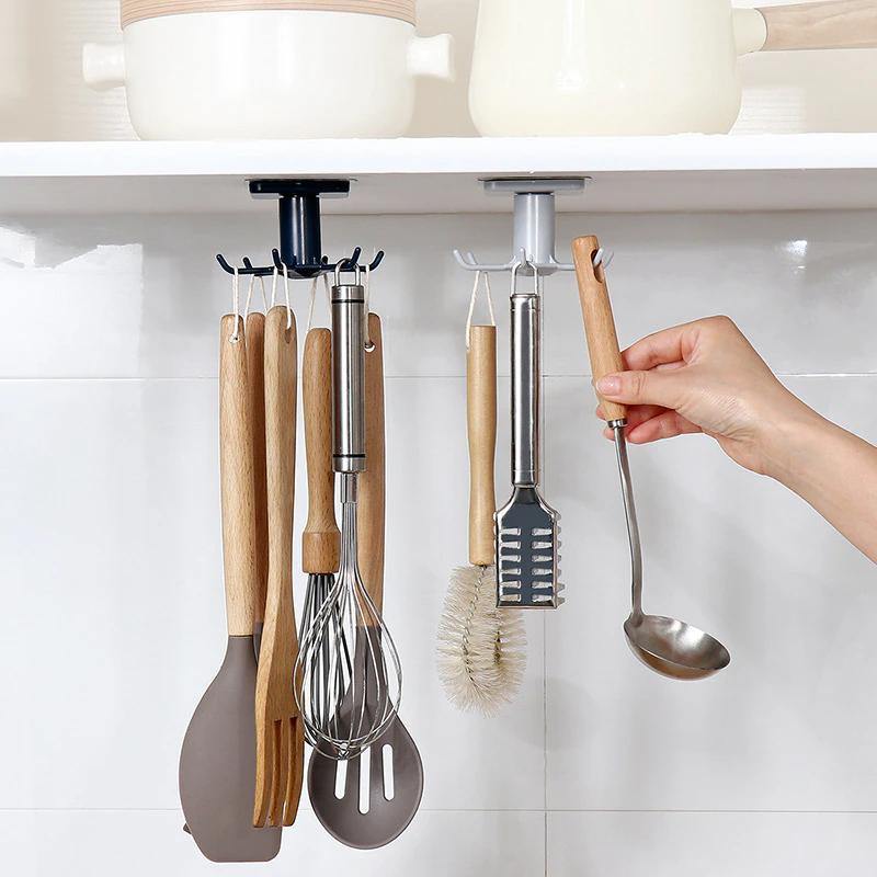 Floroux Rotating Kitchen Utensil Holder | 6 Hook Organizer | Space Saving Under Cabinet Storage