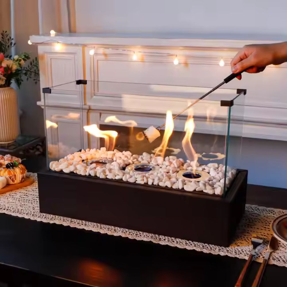 Floroux - Cheminée de table portable en alcool noir avec trois trous et base en métal