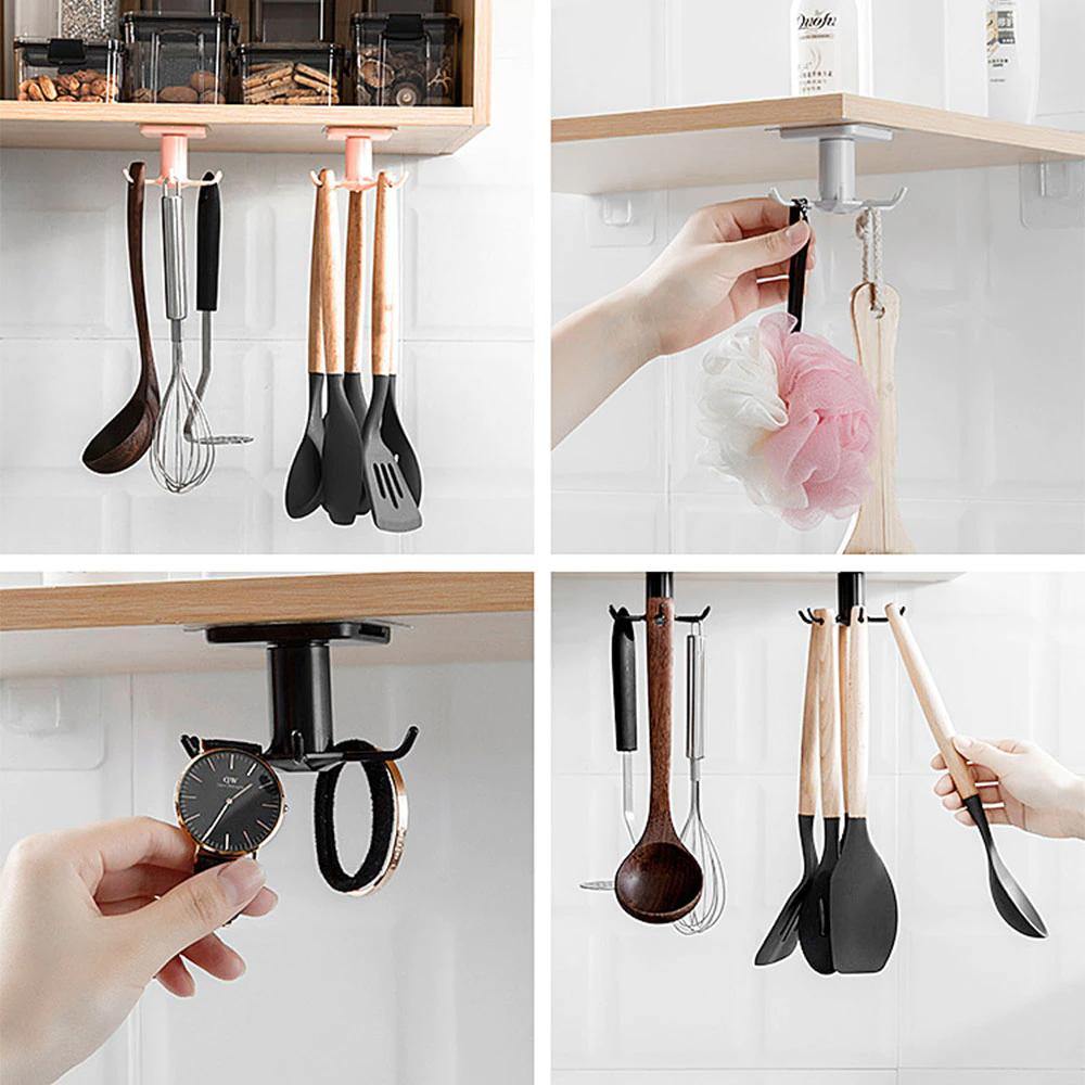 Floroux Rotating Kitchen Utensil Holder | 6 Hook Organizer | Space Saving Under Cabinet Storage