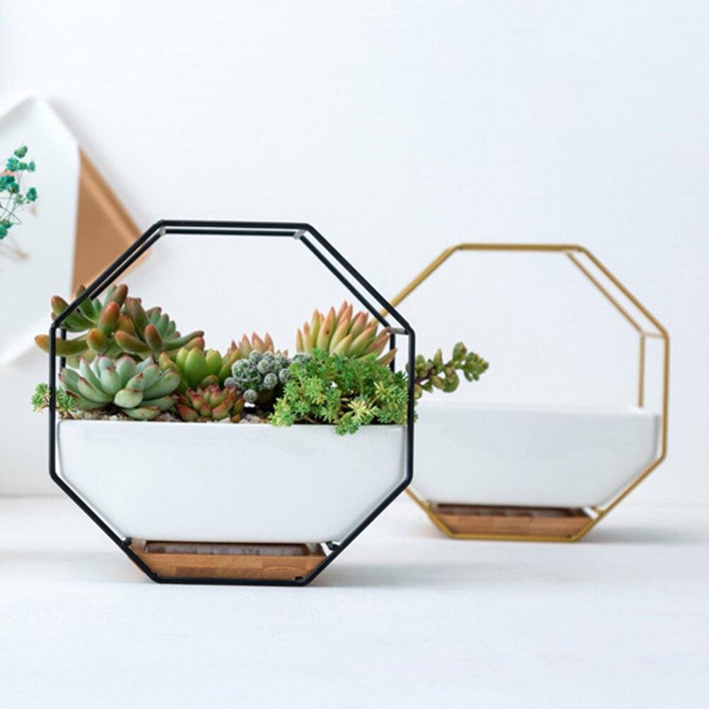 Floroux Ceramic Flower Pot with Metal Frame | Octagonal Design