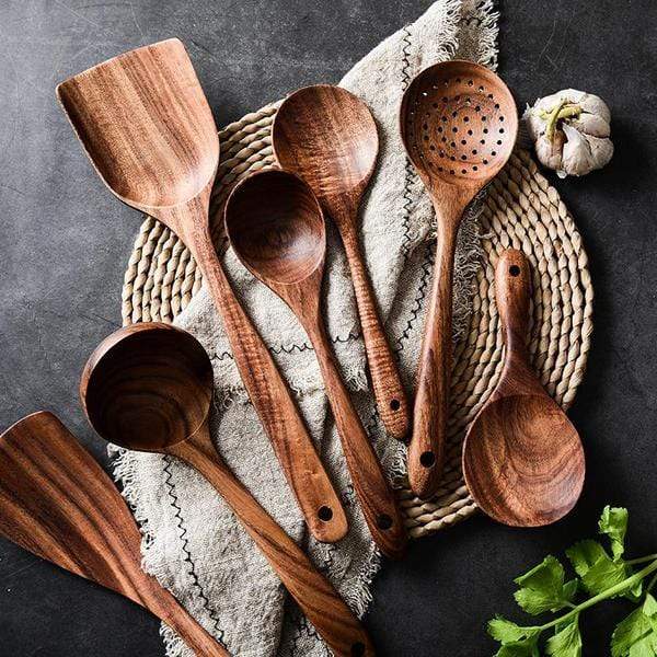 Ensemble d'ustensiles en bois de teck de 7 pièces – Outils de cuisine premium non rayants, teck fait main pour une durabilité longue durée