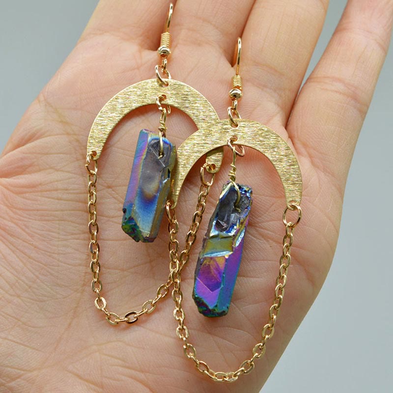 Belles Boucles d'Oreilles en Cristal Naturel avec Lune et Étoiles - Elara