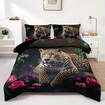 Ensemble de lit luxueux à imprimé animal avec motif de roses - 3 pièces