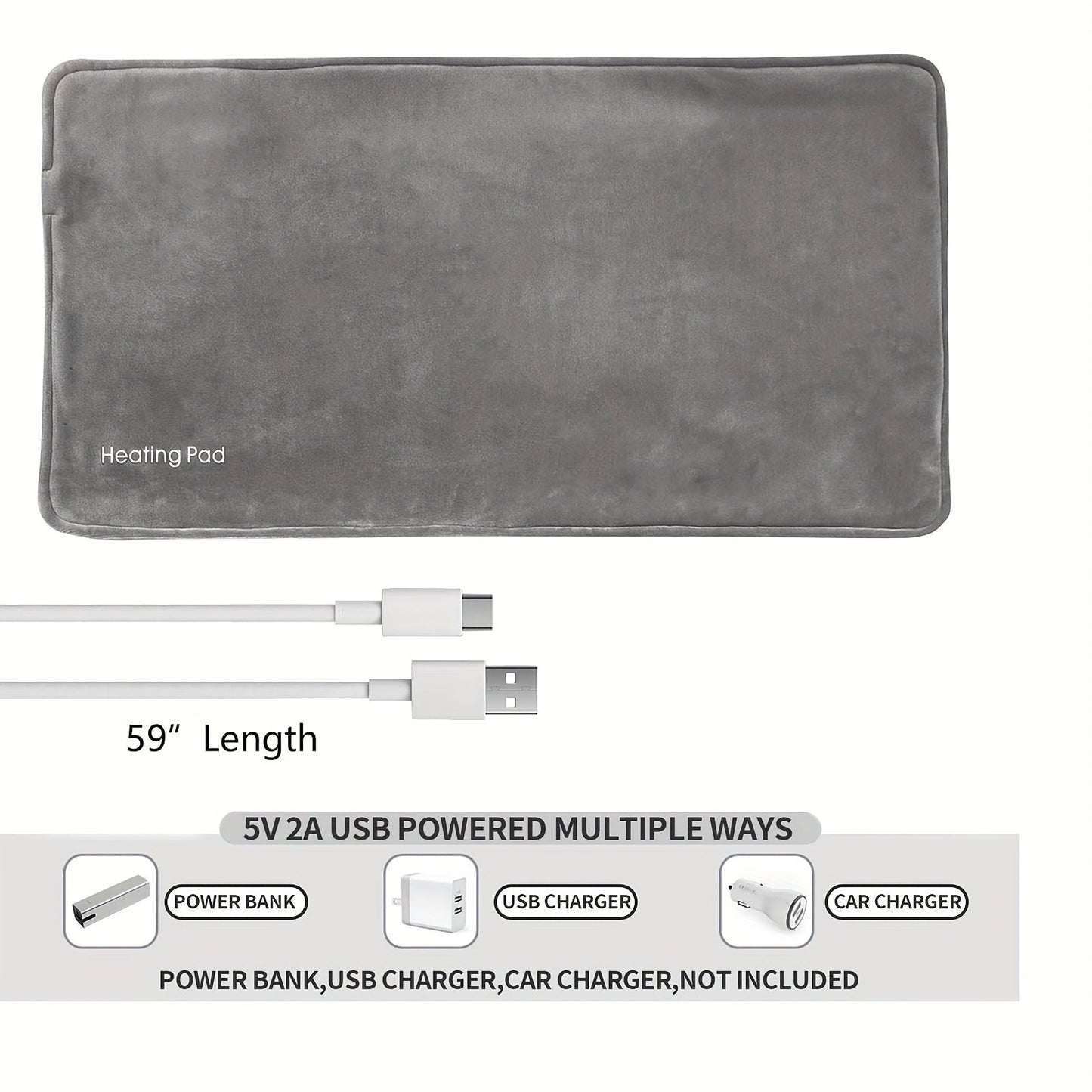 Couverture chauffante électrique USB - Couverture en polaire imperméable, grise, 10W