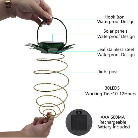 Floroux Lampe à Ananas | Lampe de jardin solaire LED | Fil de cuivre | Étanche pour extérieur | Lumières décoratives suspendues