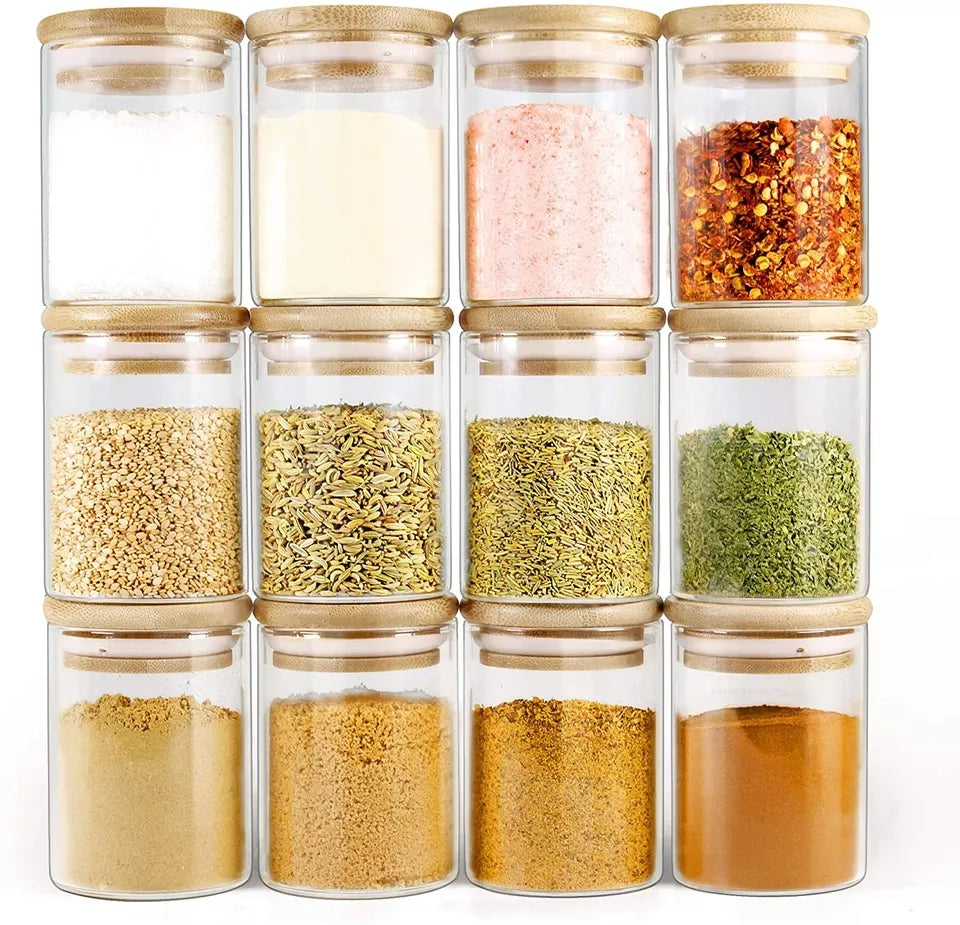 Set de bocaux en verre de 12 pièces avec couvercle en bambou