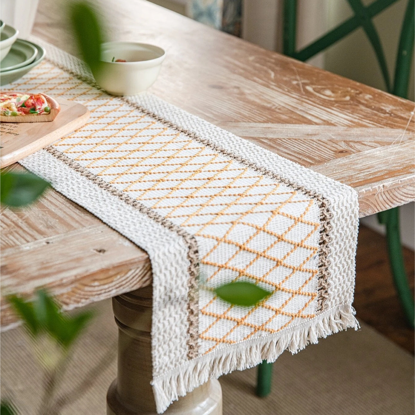 Couverture de table en corde de chanvre tissée à motif géométrique
