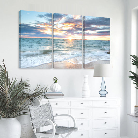 3 Pièces Affiche Paysage de Plage Lever de Soleil sur Toile