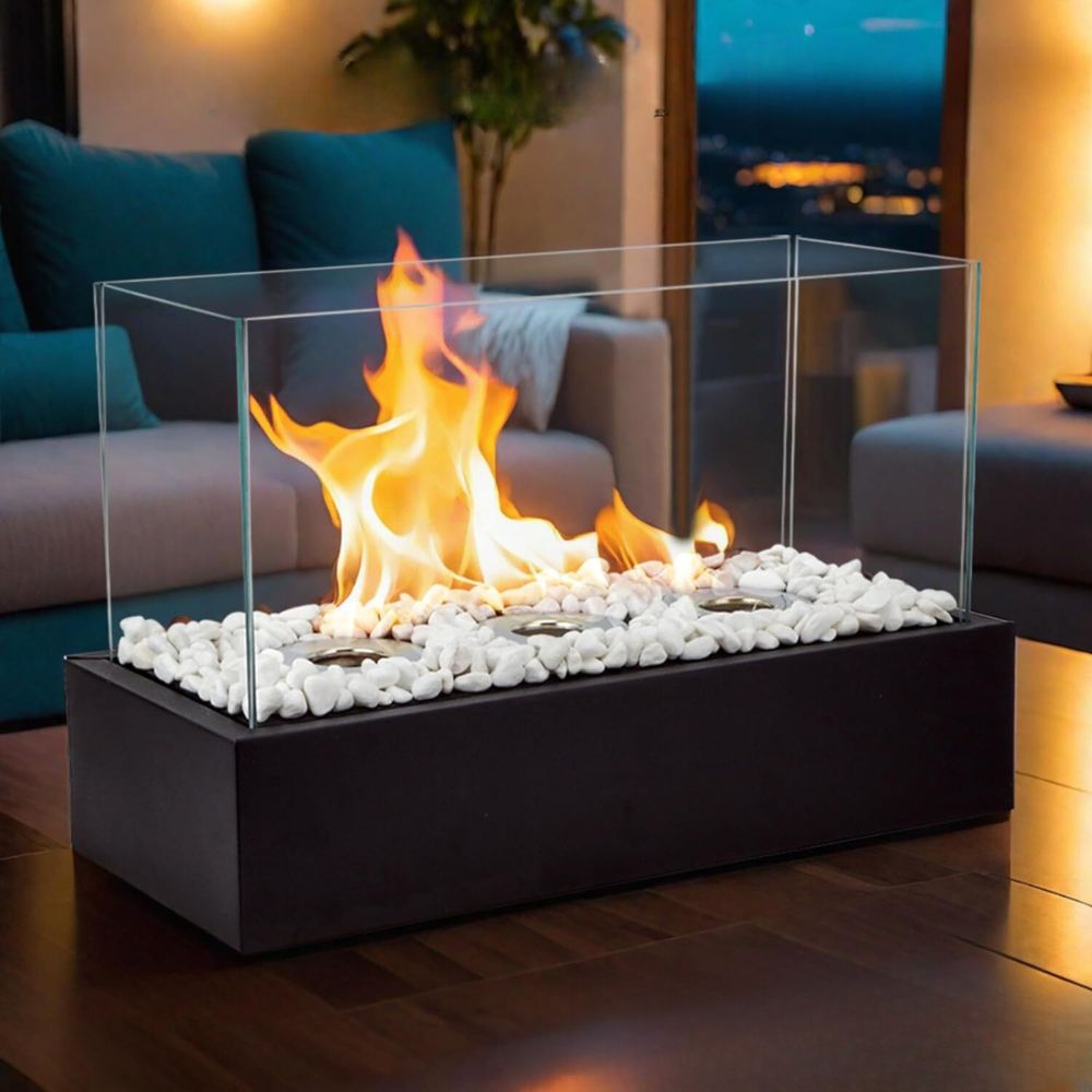 Floroux - Cheminée de table portable en alcool noir avec trois trous et base en métal