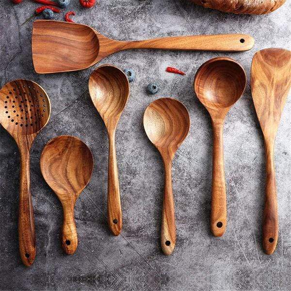 Ensemble d'ustensiles en bois de teck de 7 pièces – Outils de cuisine premium non rayants, teck fait main pour une durabilité longue durée