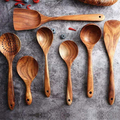 Ensemble d'ustensiles en bois de teck de 7 pièces – Outils de cuisine premium non rayants, teck fait main pour une durabilité longue durée