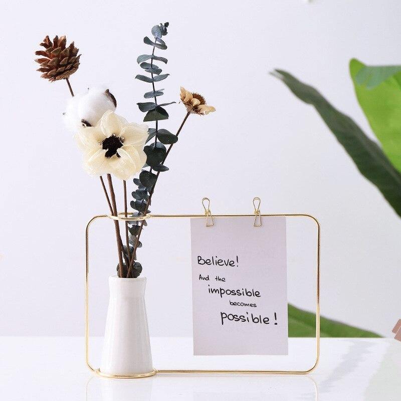 Floroux - Metal photo frame with ceramic vase and clips | Decorative photo display | Modern interior decoration