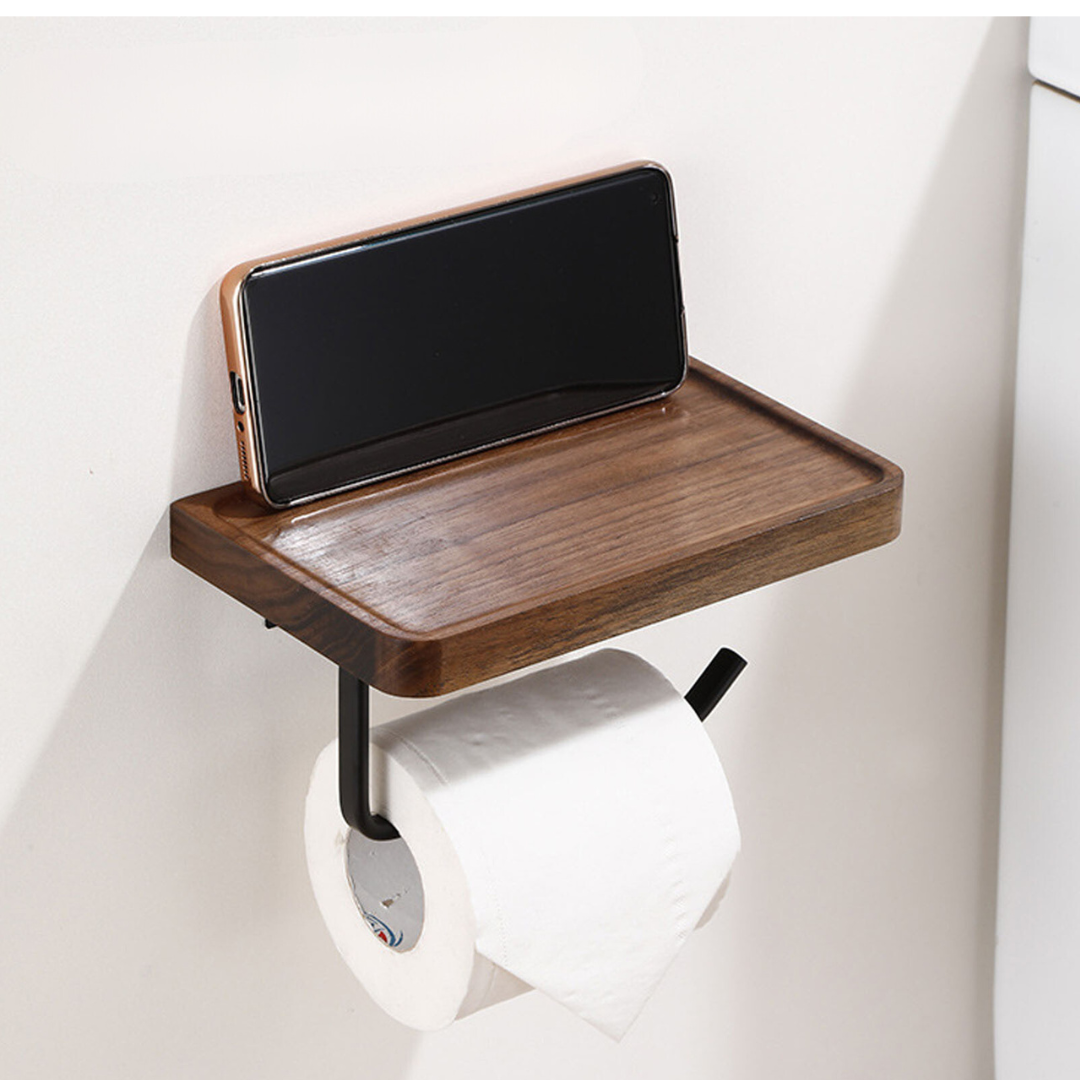 Porte-papier toilette élégant monté au mur - en bois de noyer et en inox