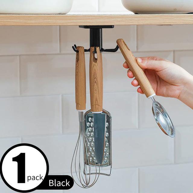 Floroux Rotating Kitchen Utensil Holder | 6 Hook Organizer | Space Saving Under Cabinet Storage