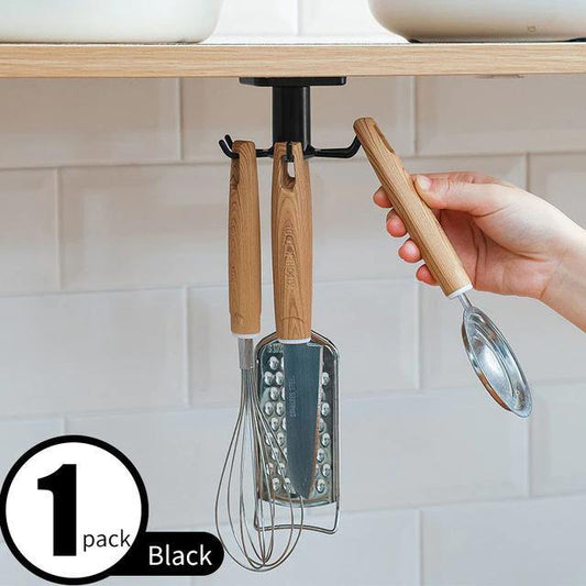 Floroux Rotating Kitchen Utensil Holder | 6 Hook Organizer | Space Saving Under Cabinet Storage