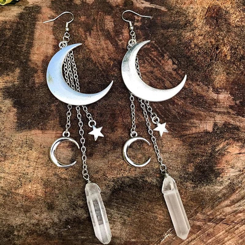 Belles Boucles d'Oreilles en Cristal Naturel avec Lune et Étoiles - Elara