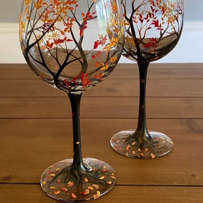 Floroux - Verres à vin arbre quatre saisons en verre peint à la main