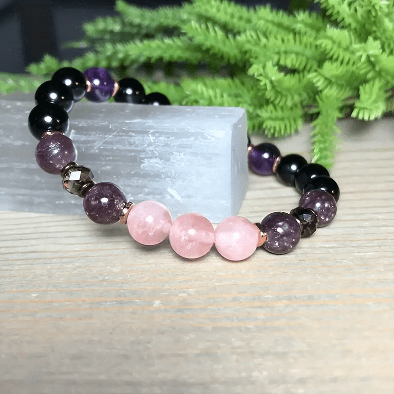 Bracelet en perles d'Aurora 8mm en quartz rose, obsidienne et améthyste