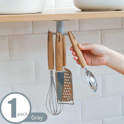 Floroux Rotating Kitchen Utensil Holder | 6 Hook Organizer | Space Saving Under Cabinet Storage