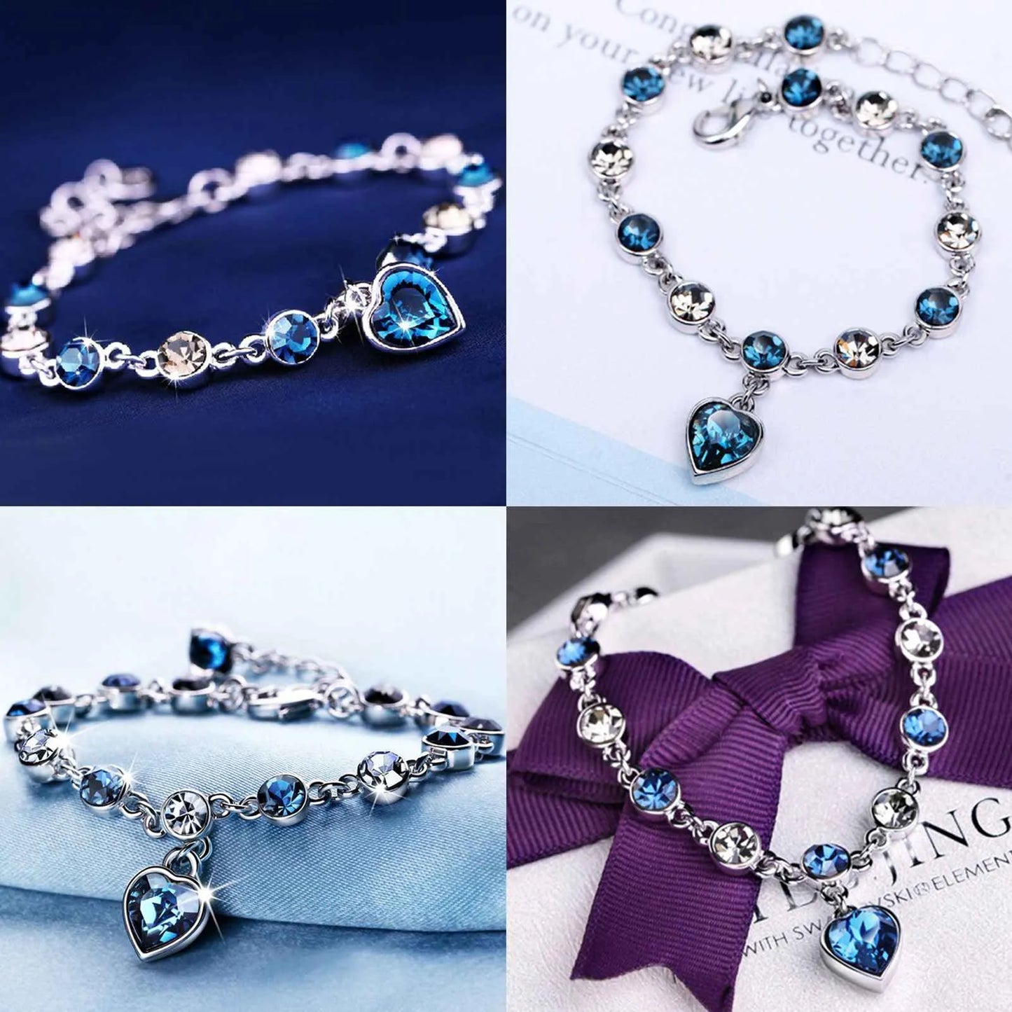 Enchanting Ocean Heart Crystal Bracelet with Radiant Blue Heart Charm