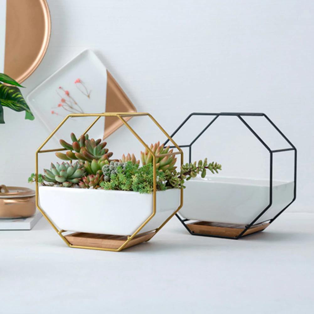 Floroux Ceramic Flower Pot with Metal Frame | Octagonal Design