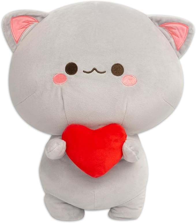 Chat Grisé Doux avec Cœur - Peluche Parfaite pour Tout le Monde