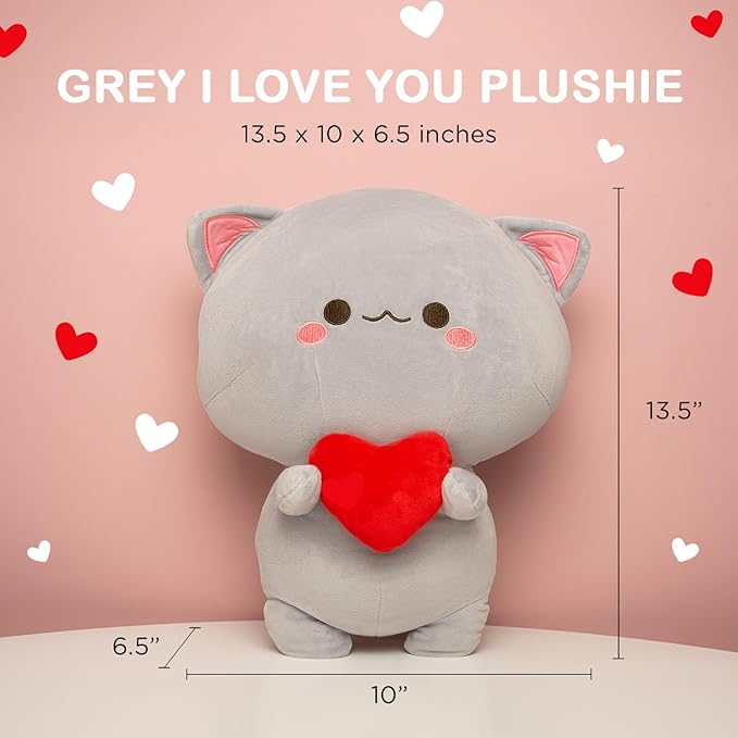 Chat Grisé Doux avec Cœur - Peluche Parfaite pour Tout le Monde