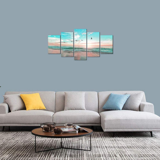 Peinture murale en toile de paysage de plage au coucher de soleil en 5 pièces