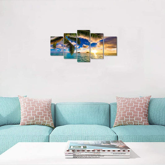 Peinture sur toile murale de coucher de soleil en 5 pièces pour la plage
