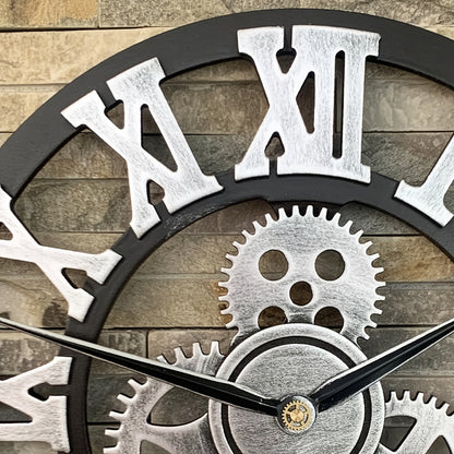 Horloge murale romaine surdimensionnée en argent - Horloge silencieuse pour le salon, le bureau et la cuisine