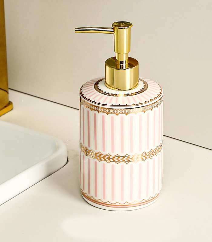 Distributeur de savon liquide Pompe à lotion en céramique Rose et blanc 18 cm