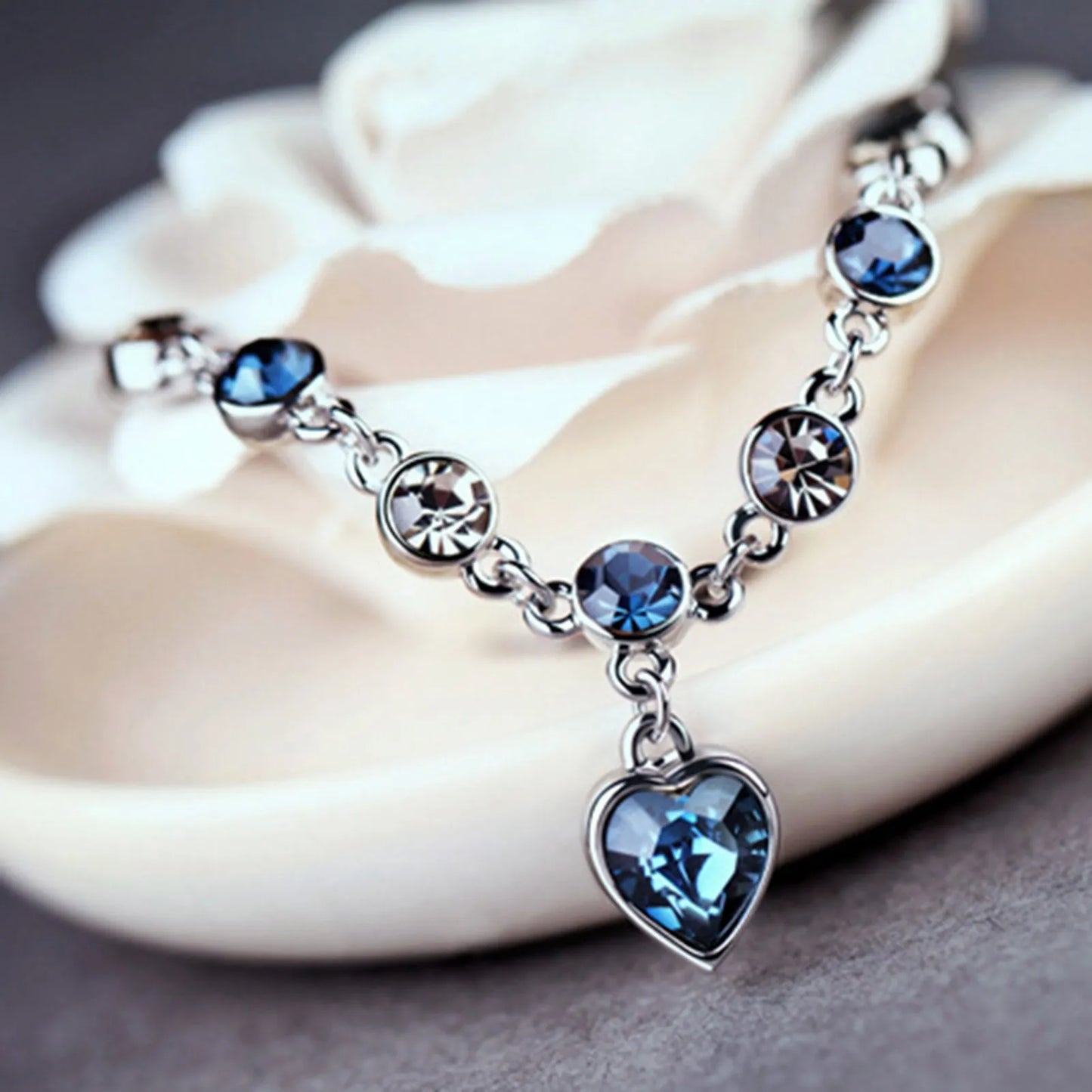 Enchanting Ocean Heart Crystal Bracelet with Radiant Blue Heart Charm