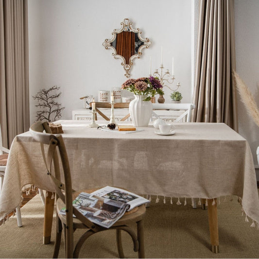 Drap de table décoratif en lin avec franges