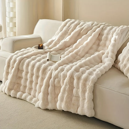 1 Pièce Fausse Fourrure de Lapin Couverture Boule Polaire - Couverture Douillette et Luxueuse pour Canapé, Épaisse Couverture en Polaire Chaude pour Sieste et Climatisation