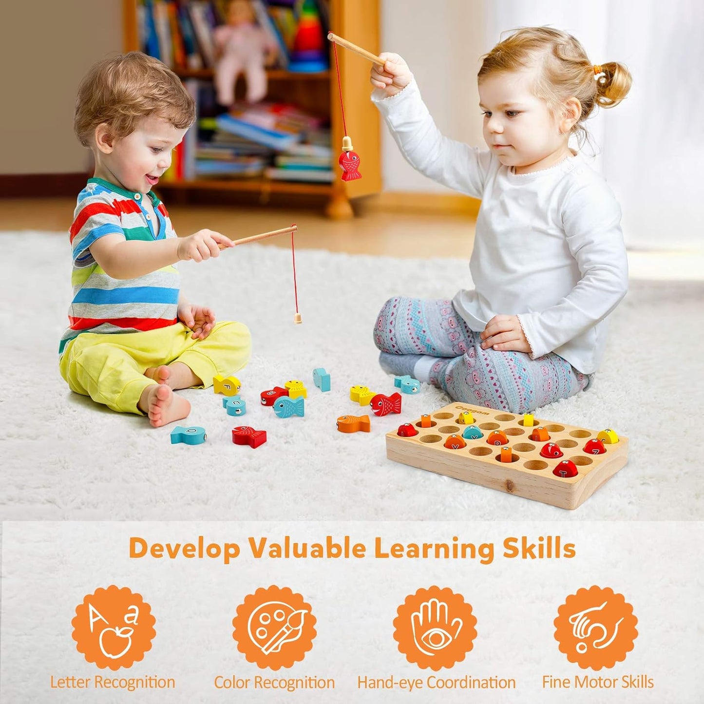 Enchanteur Jeu de Pêche Magnétique en Bois - Amusement Éducatif pour Tout-Petits