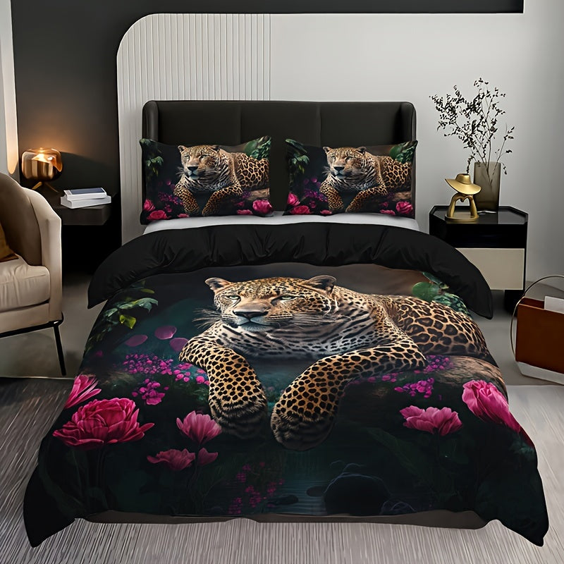 Ensemble de literie à imprimé animal luxueux avec motif de roses - 3 pièces