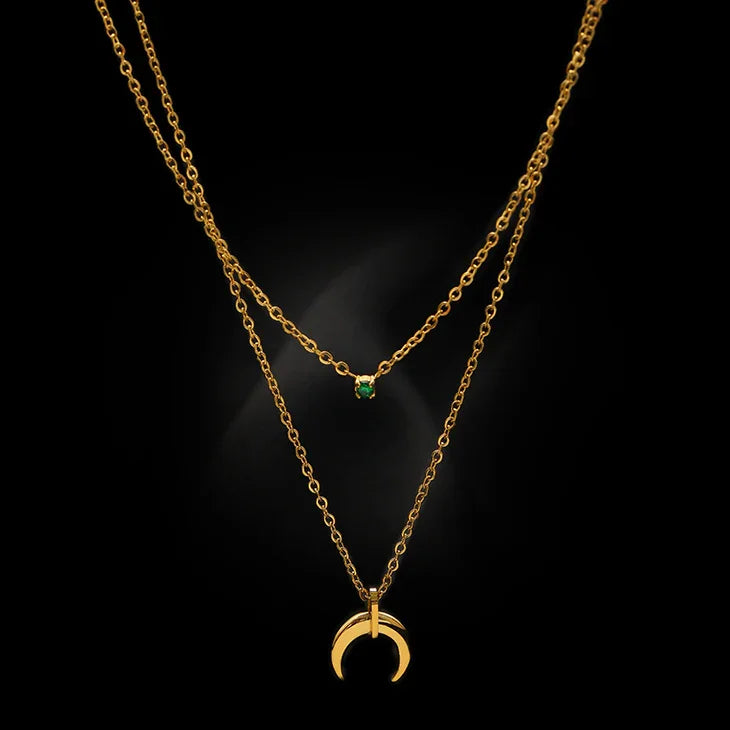 Collier Élégant Vert Diamant Double Croissant de Lune - Collection Selina