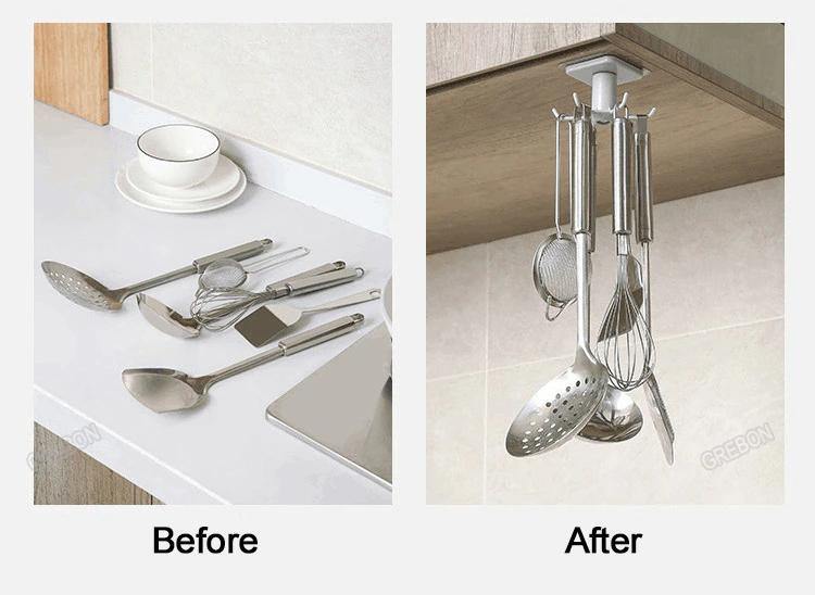 Floroux Rotating Kitchen Utensil Holder | 6 Hook Organizer | Space Saving Under Cabinet Storage
