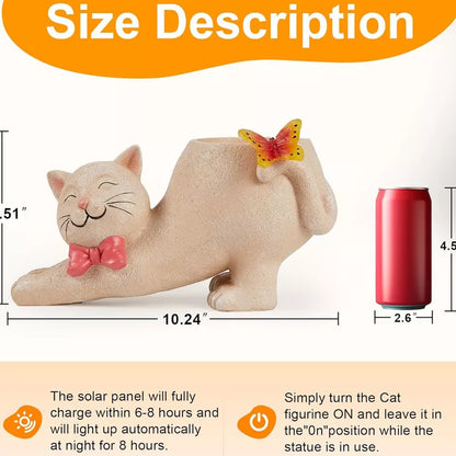 Floroux Entreprise Statue de chat avec pot de fleurs et lumière en papillon