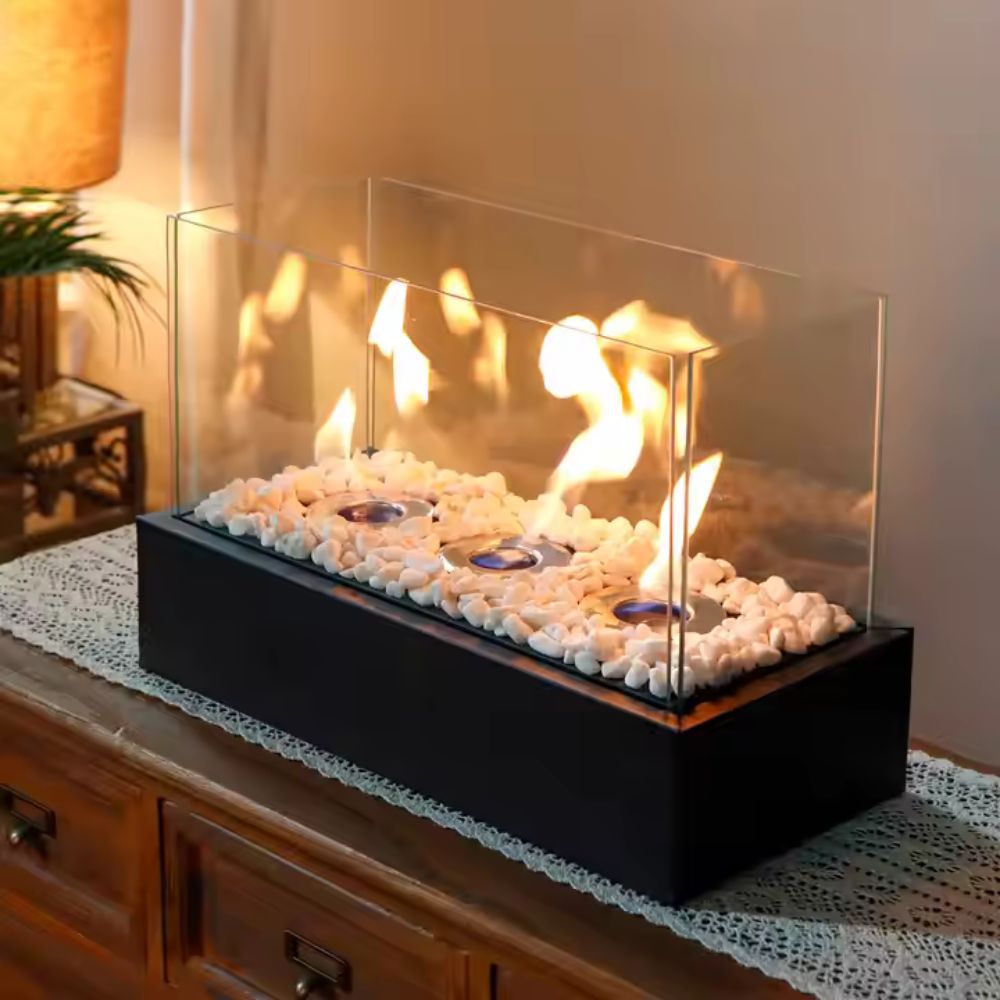 Floroux - Cheminée de table portable en alcool noir avec trois trous et base en métal