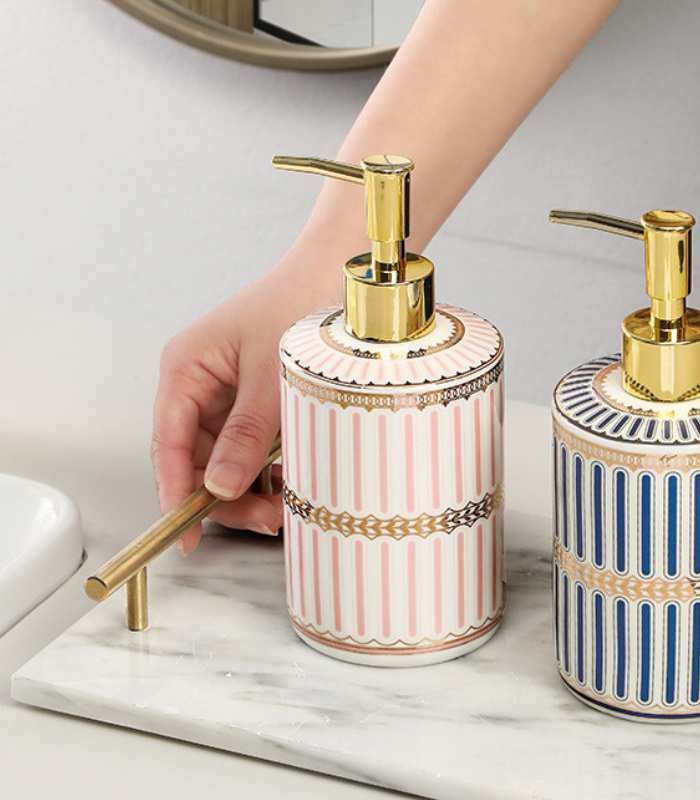 Distributeur de savon liquide Pompe à lotion en céramique Rose et blanc 18 cm